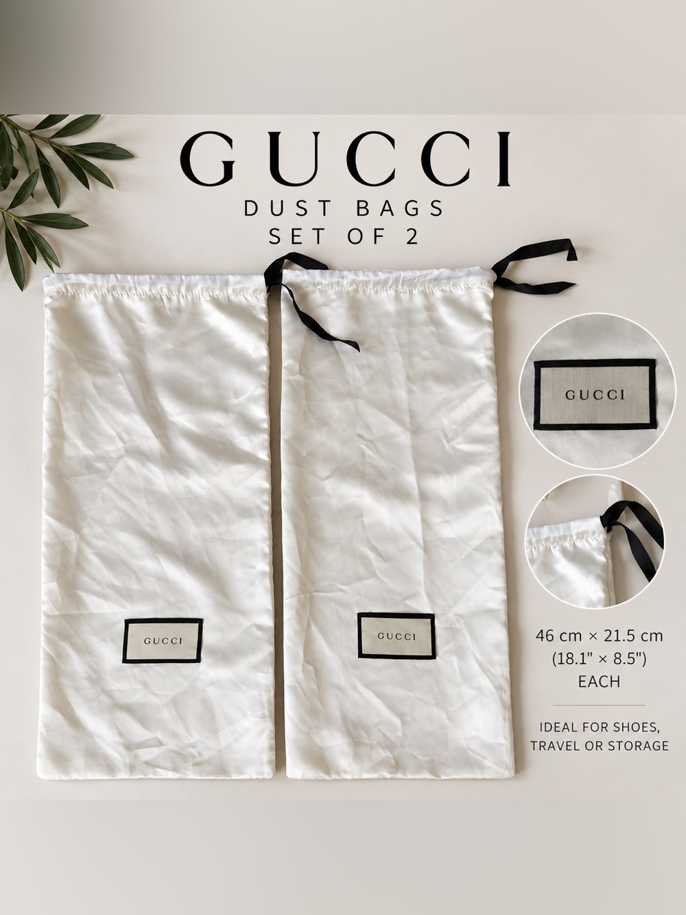 Gucci White Satin Drawstring Shoe Dust Bags Set of 2